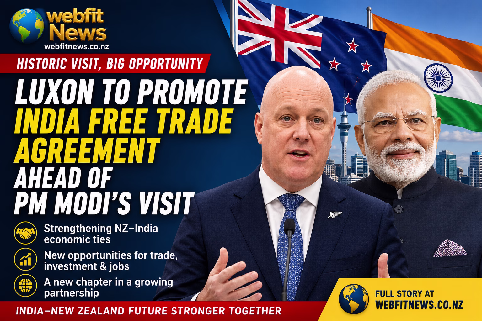 Christopher Luxon to Promote India Free Trade Agreement Ahead of PM Narendra Modi's Historic New Zealand Visit