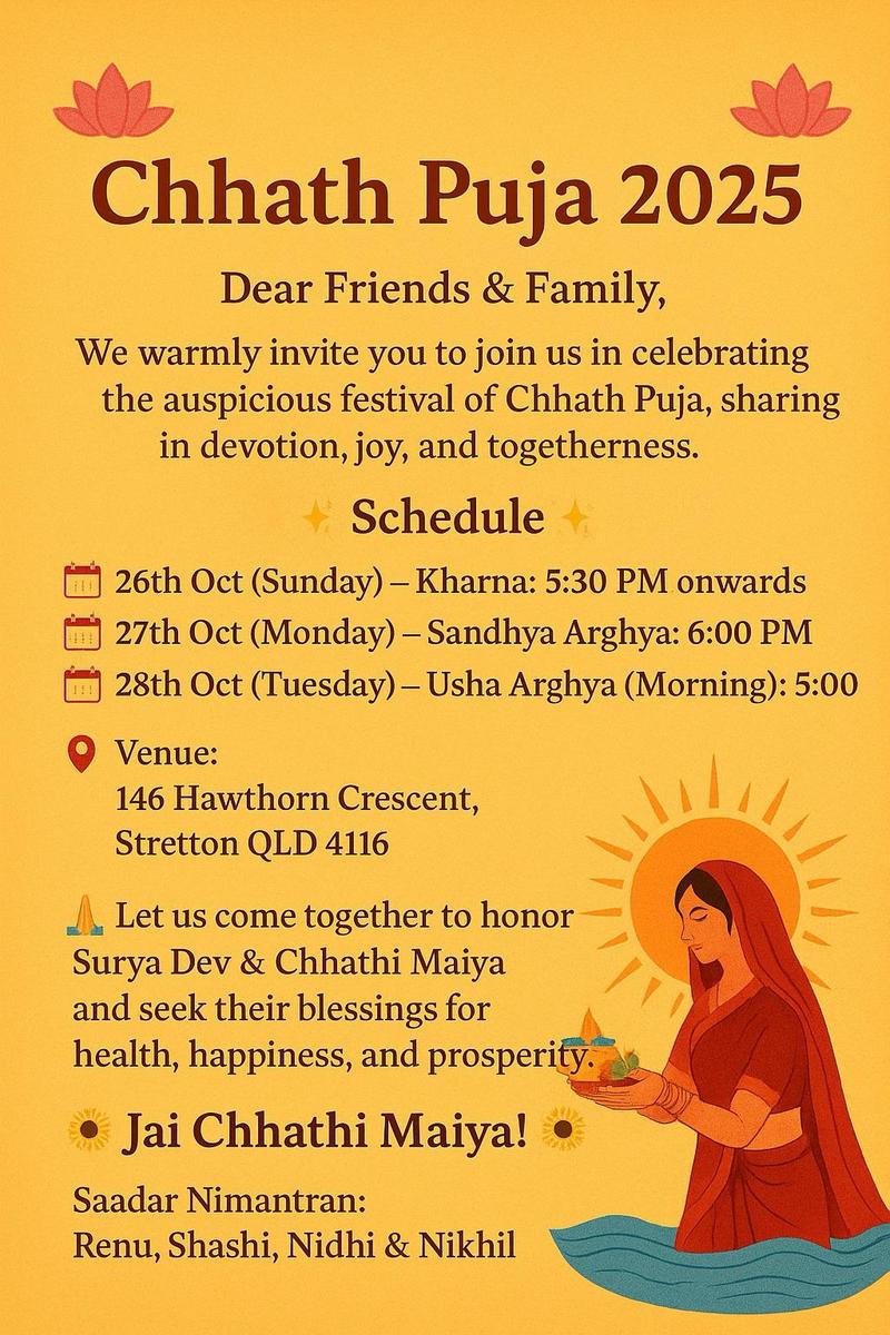 Brisbane Chhath Puja 2025: New families welcome to celebrate together