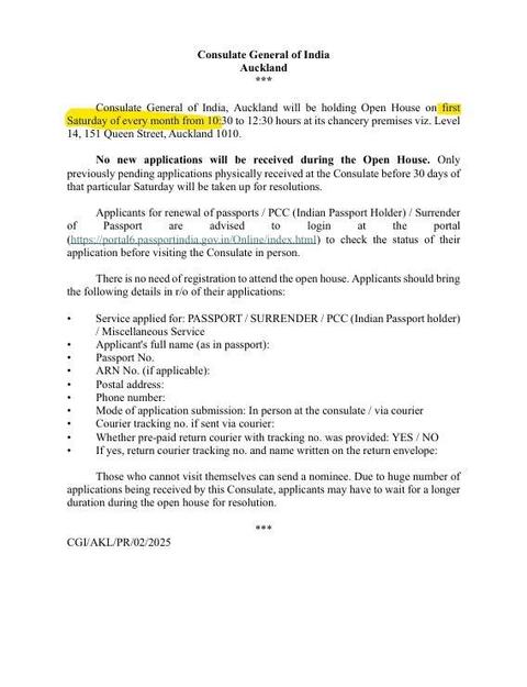 Indian Consulate Announces Monthly Consular Services in Auckland