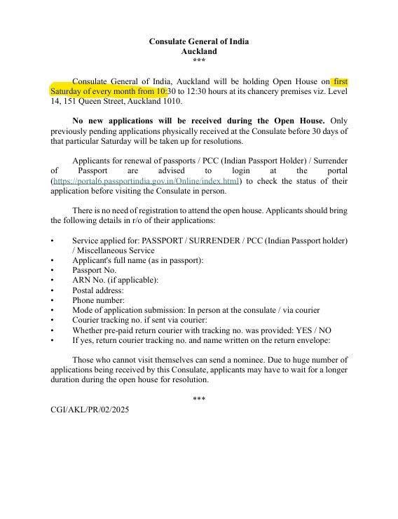 Indian Consulate Announces Monthly Consular Services in Auckland