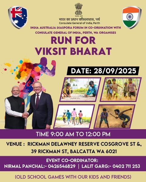 Perth to host “Run for Viksit Bharat 2025” community sports day on 28 September